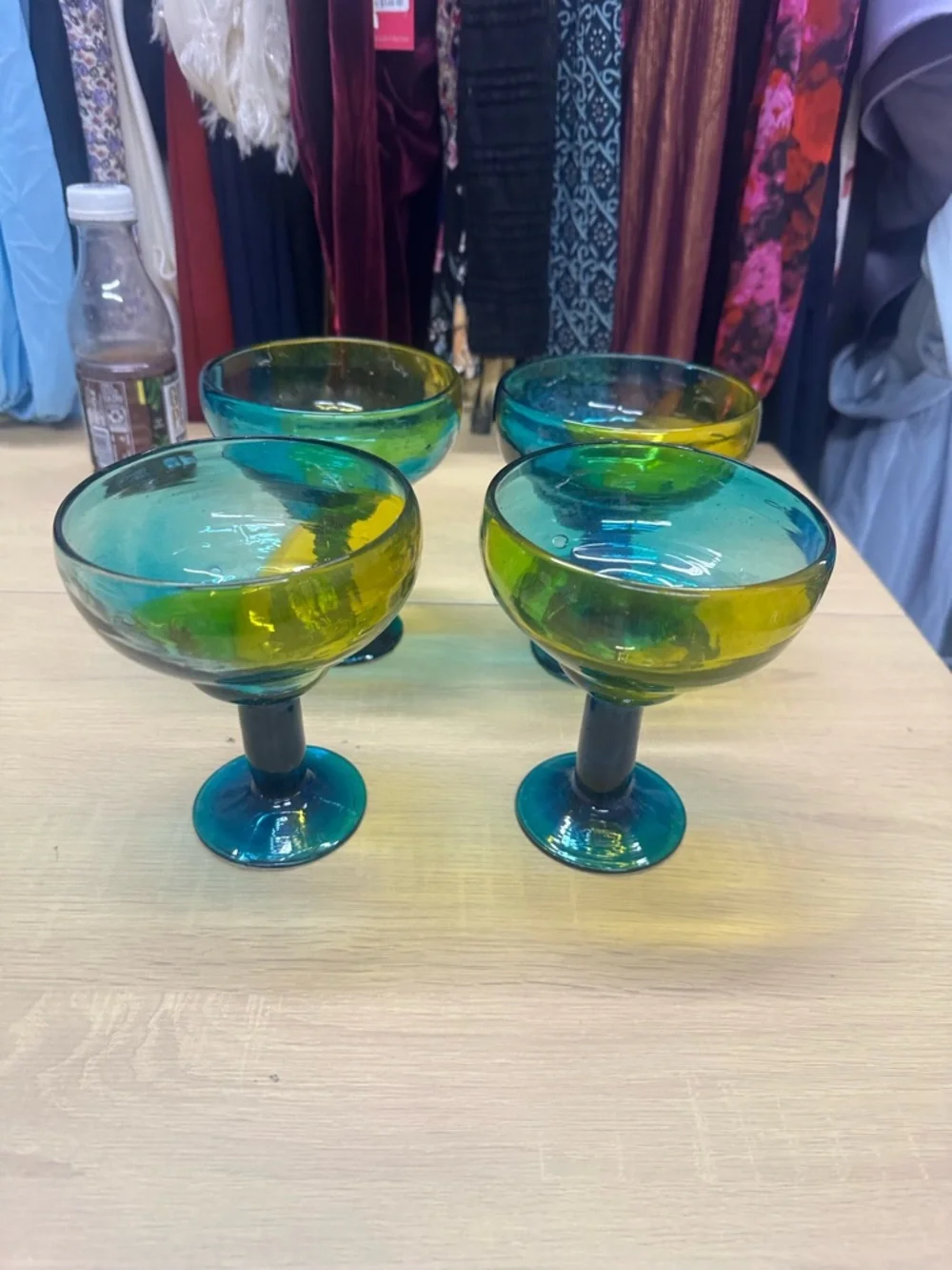Crate & Barrel Salud Azul Blue, Green & Yellow Ombre Margarita Glasses Set 4